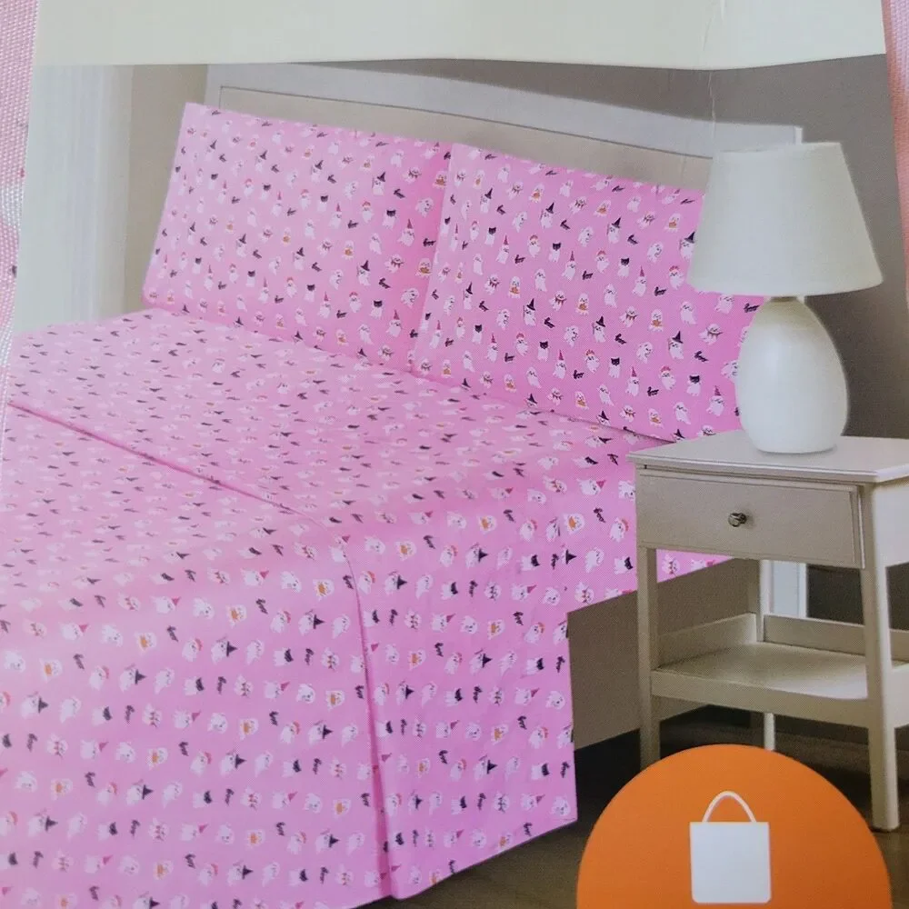 Halloween Pink White Cute Ghosts Boos & Bones QUEEN 5pc Sheets Set Girls Bedding